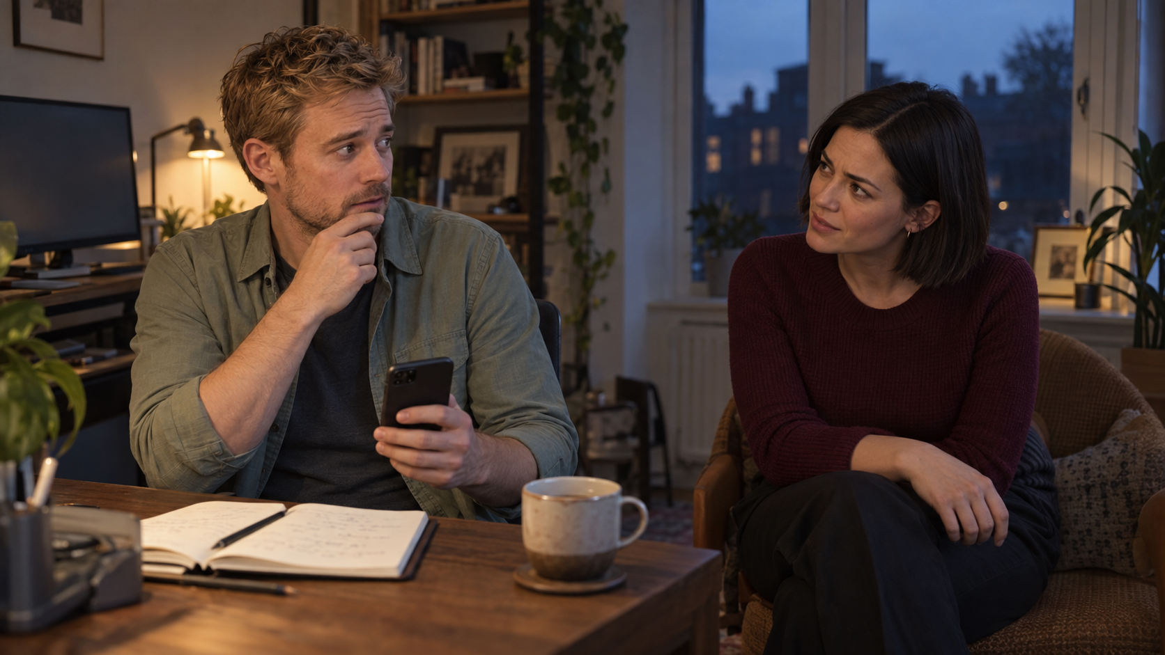 Two fictional adults discussing a decision beside an open notebook